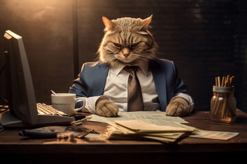 Cute and funny cat impersonating business person, working in the office