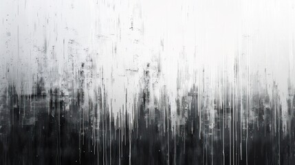Abstract grayscale artwork depicting vertical streaks resembling rainfall or paint drippings on a textured, ambiguous background. - obrazy, fototapety, plakaty