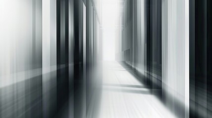 Abstract blurred image of a corridor suggesting motion or transition, with monochrome tones and vertical lines.