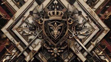 Ornate heraldic crest with crown, swords, and eagle emblem, symbolizing nobility and chivalry, set against a symmetrically arranged ornamental backdrop.