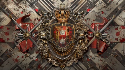 A detailed coat of arms with crossed swords, axes and trumpets against a backdrop of swords and...