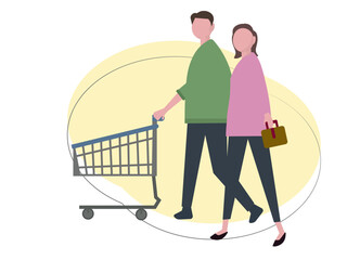 ショッピングカートを押して買い物をする家族。ショッピングを楽しむ夫婦。ベクターイラスト	
