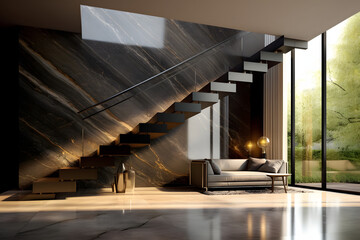 Luxury living room with marble floor and cantilever with stair case. Modern minilamist design