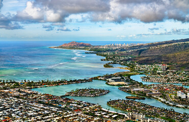 View of Maunalua Bay from the summit of Koko Head Stairs trail. Oahu island in Hawaii, United States