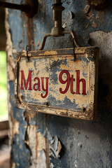 A grunge textured sign with the words May 9th painted on it