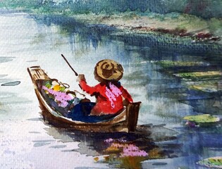 Obraz premium hand painted original impressionism art watercolor painting thailand countryside