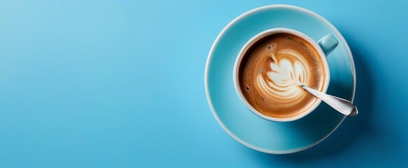 A Cup of Coffee on Blue Table - obrazy, fototapety, plakaty