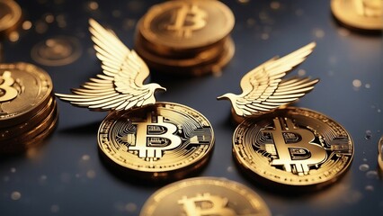 Generative AI. Bitcoin wing, cryptocurrency, Bull market, rising market, bull run, Bear run, raising up, Bitcoin with feathers, Bear market, feather falling.
