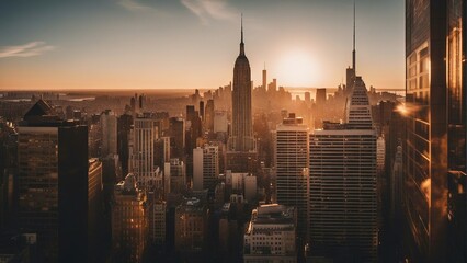 Generative AI. skyscrapers illuminated at dusk, New York skyline. IT building, IT hub, Business...