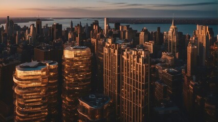 Generative AI. skyscrapers illuminated at dusk, New York skyline. IT building, IT hub, Business hub, media city, metropolitan town.   - obrazy, fototapety, plakaty