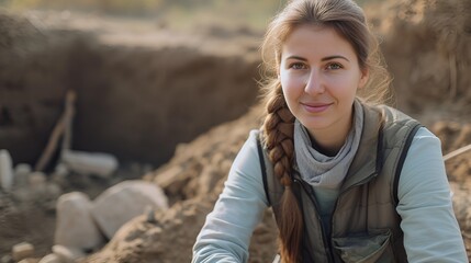 Woman Archaeologists Portrait with Artifacts Archaeology, woman archaeologist, portrait, artifacts, archaeology - obrazy, fototapety, plakaty