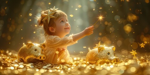 Adorable 3D render of a tiny, fairy godmother-like financial advisor waving a sparkly, star-tipped wand to magically transform dull, gray piggy banks into dazzling, golden treasure chests overflowing  - obrazy, fototapety, plakaty
