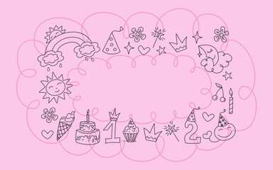 Frame, banner  Birthday. Set Cute badges, cartoon birthday attributes. Children's holiday, magical doodles. Vector illustration, sketch. Sweets, candles, cap, crown, numbers. Line icons.