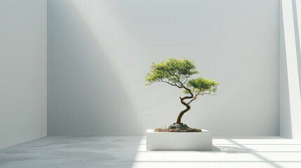 Bonsai tree centered in a minimalistic white room with sunlight casting a soft shadow on the wall and floor.
