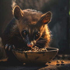 An Asian palm civet, also known as a luwak, eating coffee beans from a bowl