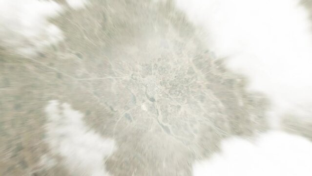 Earth zoom in from space to Outapi, Namibia. Followed by zoom out through clouds and atmosphere into space. Satellite view. Travel intro. Images from NASA