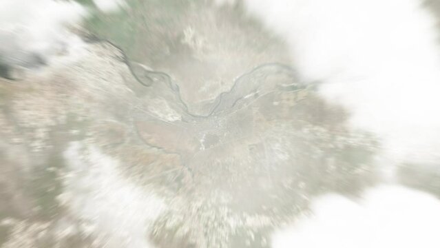 Earth zoom in from space to Rundu, Namibia. Followed by zoom out through clouds and atmosphere into space. Satellite view. Travel intro. Images from NASA
