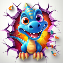 A cartoonish blue dinosaur with a big smile on its face is peeking out from a hole in a wall