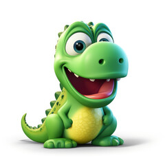 Fototapeta premium A cartoon dinosaur is smiling and has its mouth open. The dinosaur is green and yellow. The image is of a cartoon character