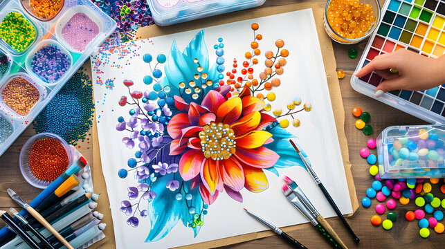 Intricate Stages of Diamond Painting featuring Beautiful Floral Design Artwork