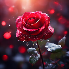 a solitary red rose unfurls glistening with diamondv dewdrops against a dreamy bokeh whisper valen