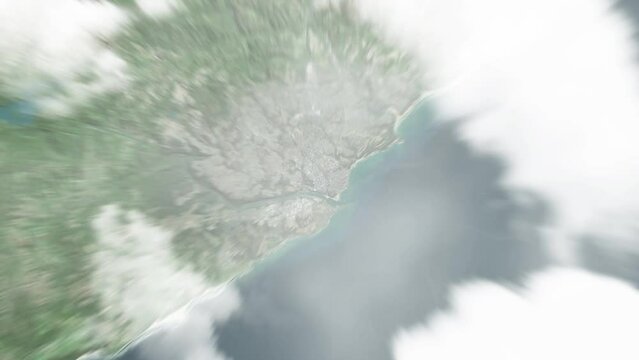Earth zoom in from space to East London, South Africa. Followed by zoom out through clouds and atmosphere into space. Satellite view. Travel intro. Images from NASA