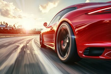 Red business car speeding on high-speed highway with motion speed in sunny day racing through turn