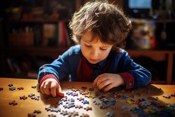 The boy thought about it, collecting puzzles. A little boy is sitting at a table and putting together a large mosaic. The kid is playing board games.
