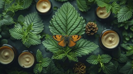A moth camouflaged against an eco-friendly product, illustrating the concept of sustainability and natural beauty in environmentally conscious brands.