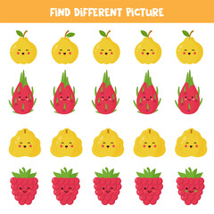 Find different cartoon cute fruit in each row. Logical game for preschool kids.