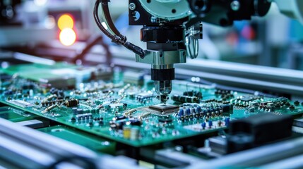 Automated machine soldering components on a printed circuit board (PCB) in a high-tech electronics manufacturing facility. Precision and technology in action.
