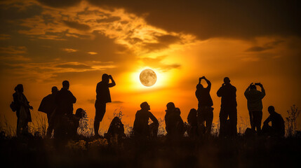 Black silhouettes of people looking through telescope on sun eclipse with cloudy sky on shore - obrazy, fototapety, plakaty