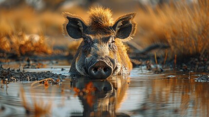 A warthog's gaze in the waterhole echoes self-awareness amidst the vast savannah, rooted in wellness and mindfulness. - obrazy, fototapety, plakaty