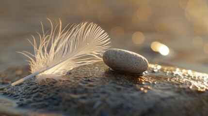 A delicate white feather and a smooth stone rest on a wet surface with glistening sunlight reflecting in the background.
