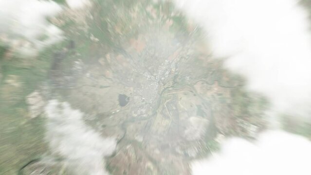 Earth zoom in from space to Vereeniging, South Africa. Followed by zoom out through clouds and atmosphere into space. Satellite view. Travel intro. Images from NASA