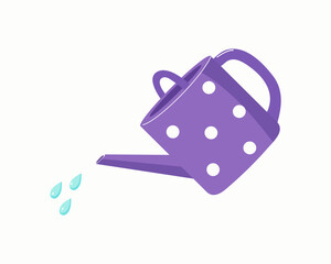 Watering can and drops of water isolated on white background. Watering plants. Colored flat vector illustration. Floristics and gardening, hobbies, outdoor activities. Gardening, agronomy