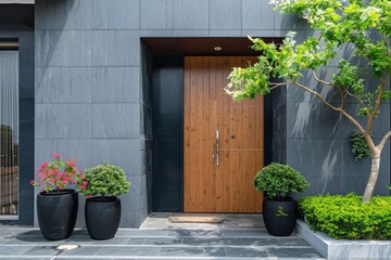 Stylish black front door with plants on modern building facade, contemporary entryway design