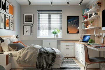 Modern stylish teenagers room interior with study area, reading nook, and cosy bed
