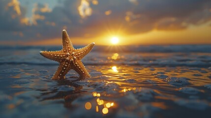 The starfish's silhouette at sunset symbolizes hope, renewal, and the promise of a fresh start in mental health support. - obrazy, fototapety, plakaty