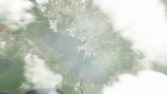 Earth zoom in from space to Cienfuegos, Cuba. Followed by zoom out through clouds and atmosphere into space. Satellite view. Travel intro. Images from NASA