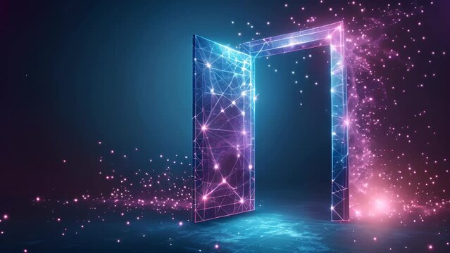 A cosmic gateway opens amidst a network of glowing neon lines and stardust