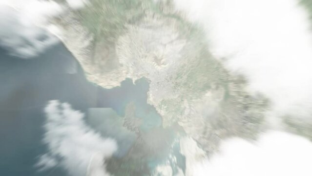 Earth zoom in from space to Gonaives, Haiti. Followed by zoom out through clouds and atmosphere into space. Satellite view. Travel intro. Images from NASA