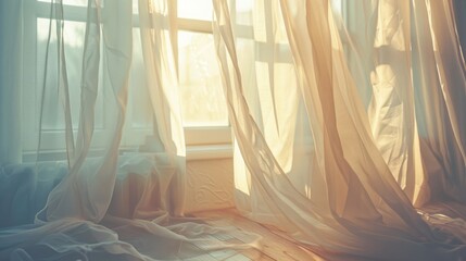 Sunlit room with sheer curtains billowing in the gentle breeze of an open window, casting a warm, serene glow. - obrazy, fototapety, plakaty