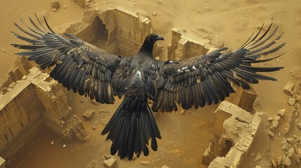 Condor with its wings spread wide, casting a shadow over ancient ruins, linking the past with the present in cultural heritage tourism.