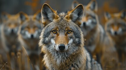 Obraz premium Jackal leading a diverse team through a challenging wilderness, illustrating leadership, teamwork, and adaptability in project management.