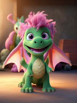 A green dragon with pink hair is smiling and looking at the camera. The dragon is surrounded by other small creatures, including a green turtle