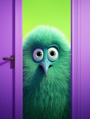 A cartoonish green bird with a purple background. The bird is looking at the camera with a surprised expression