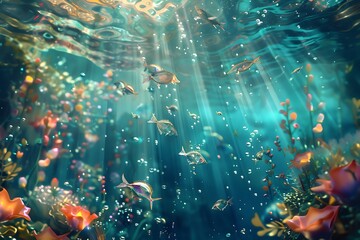 : A tranquil, abstract, imaginary water world with waves of translucent, iridescent sea life,...