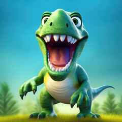 A cartoon dinosaur with a big smile on its face and its mouth wide open. The dinosaur is green and he is happy