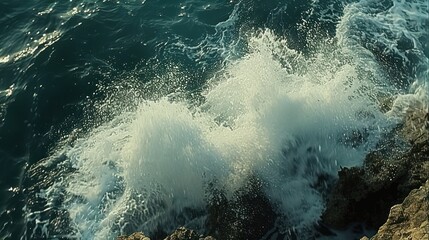 Waves crashing energetically against rocky shoreline, creating a dynamic display of white sea spray and turbulence in deep blue water.